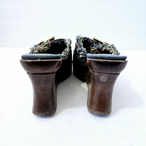Schutz Y2K Wooden Denim Clog Heels Size 6M Wedge 90's Leather Buckle Fringe - Picture 5 of 7
